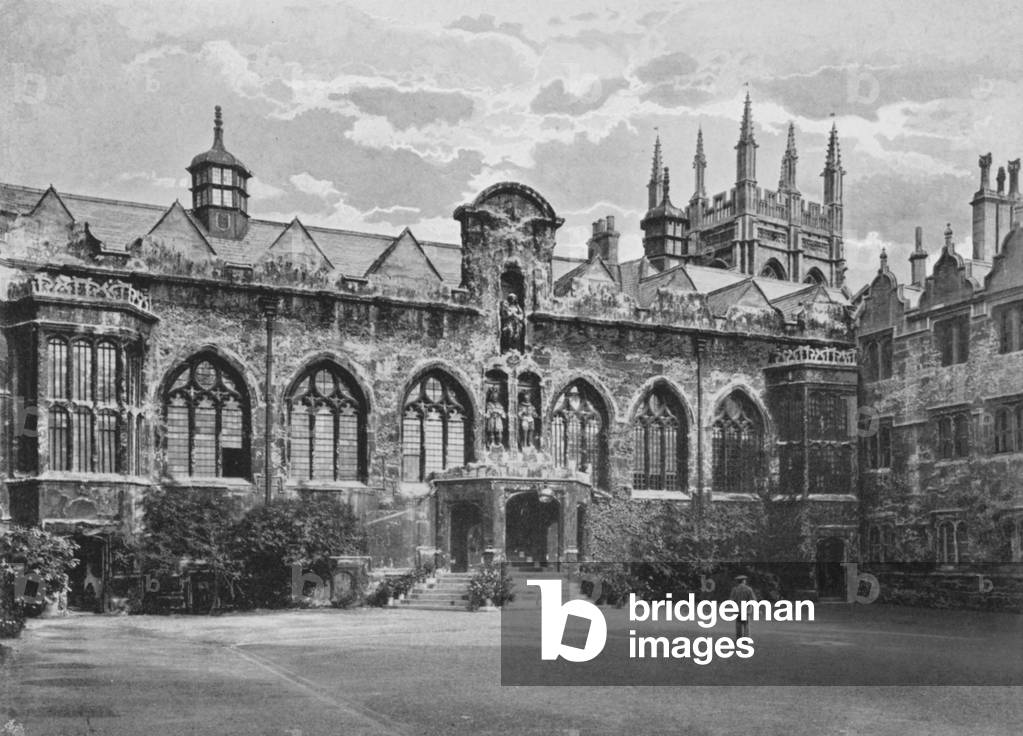 Oriel College, Quadrangle, with Merton Tower (b/w photo)
