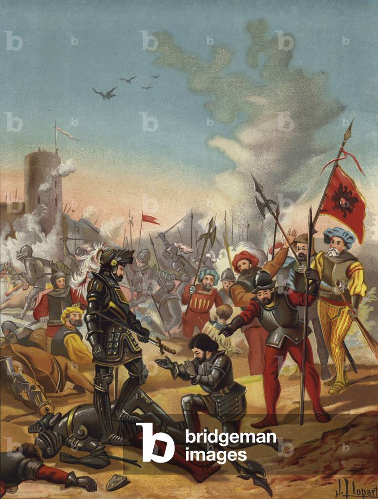 Capture of King Francis I of France at the Battle of Pavia, Italy, 1525 (chromolitho)