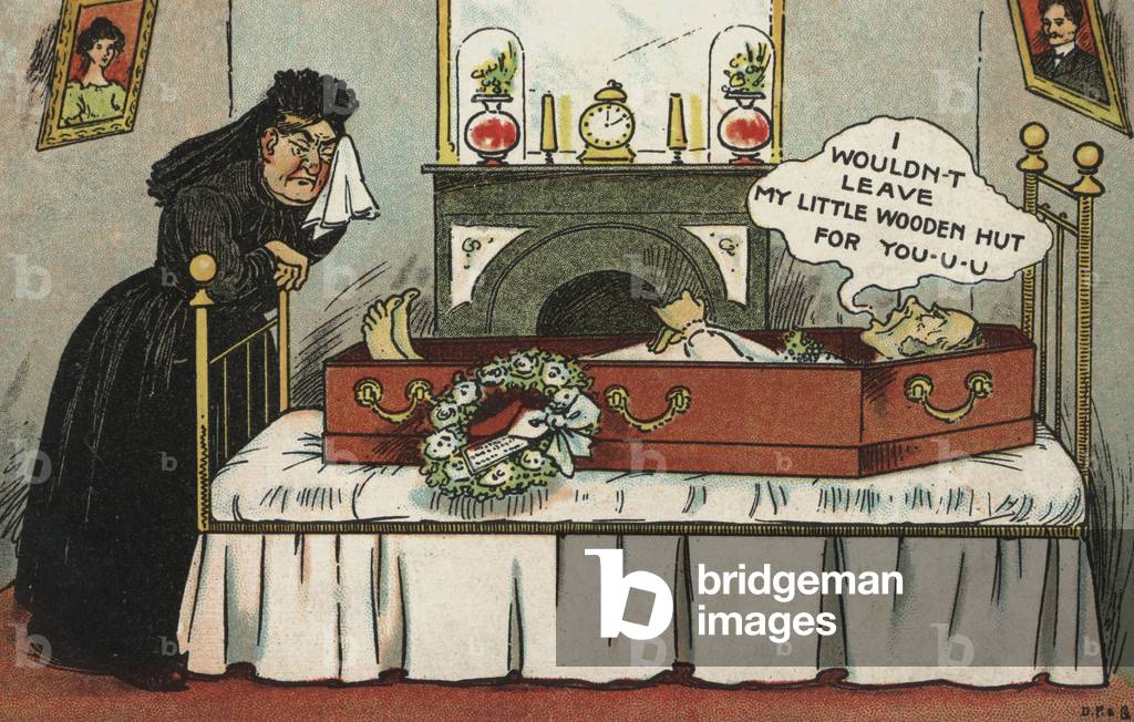 Widow at the coffin (colour litho)