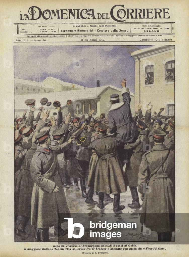 After a propaganda speech to the Russian soldiers of Ochta, the Italian major Tonelli comes  (colour litho)