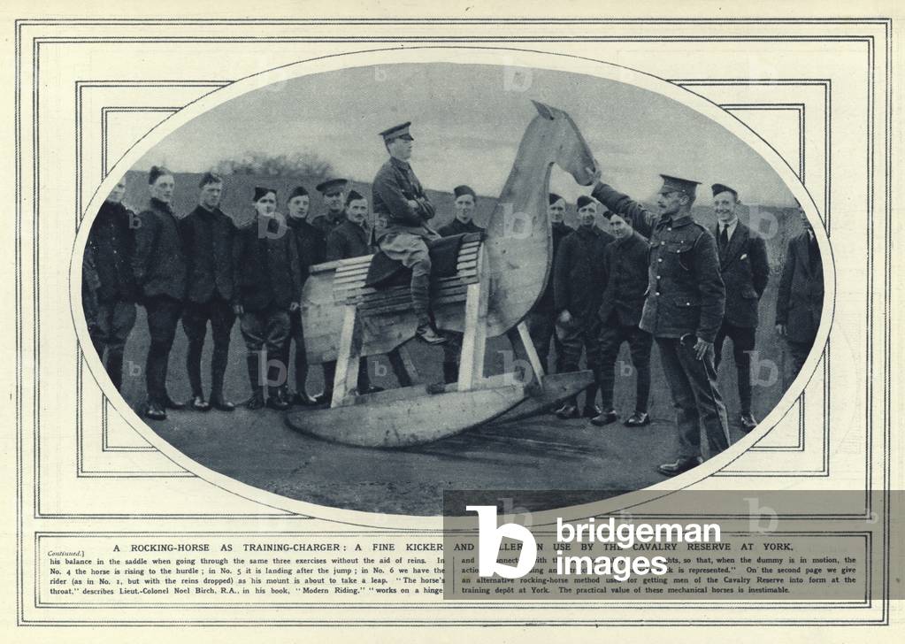 A rocking-horse as training-charger, a fine kicker and roller in use by the Cavalry Reserve at York (b/w photo)