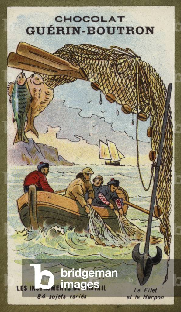 Fishing net and harpoon (chromolitho)