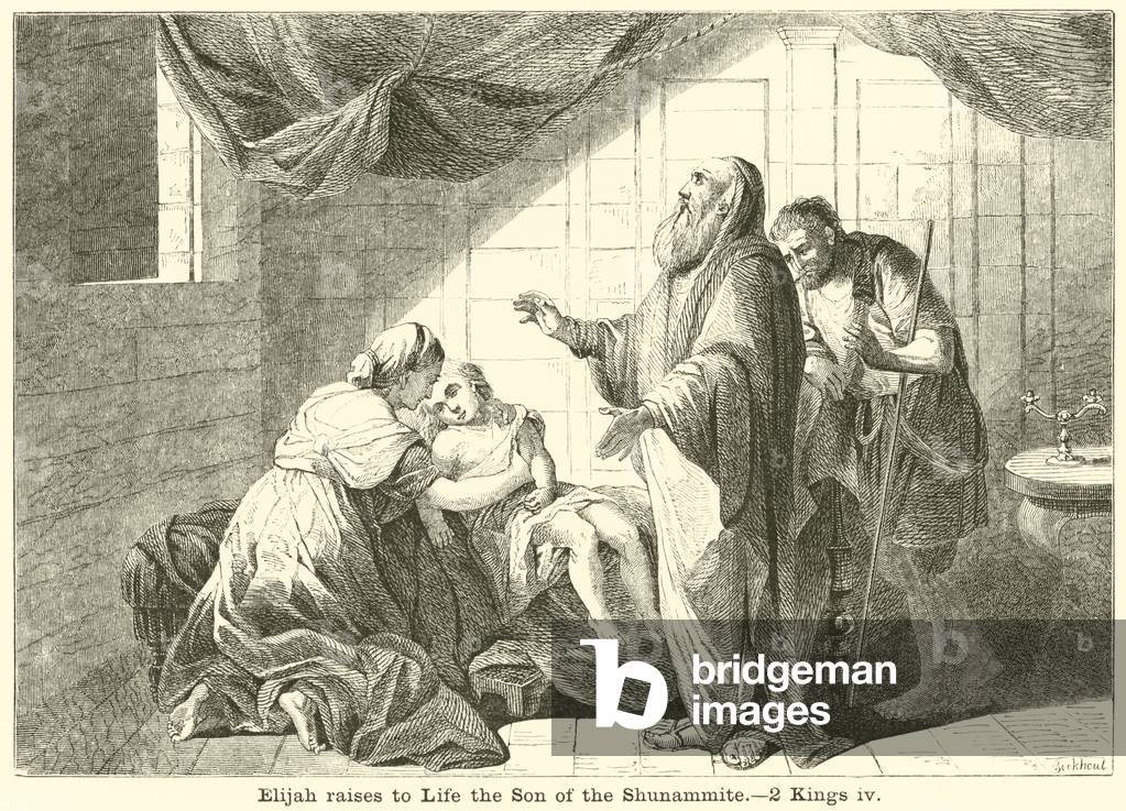 Elijah raises to Life the Son of the Shunammite, 2 Kings, iv (engraving)