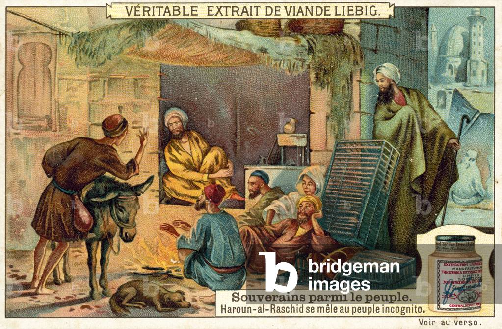 The Abbasid caliph Harun al-Rashid mingling with his people incognito (chromolitho)