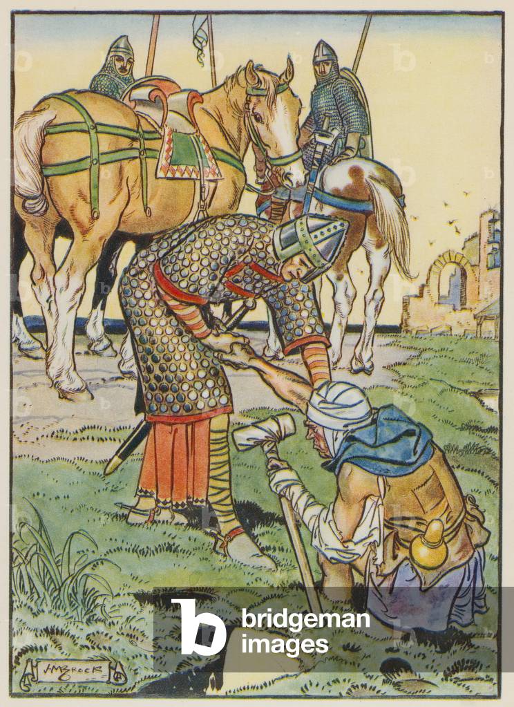 Rodrigo helps the leper (colour litho)