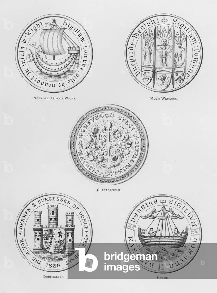 Public arms: Newport, Isle of Wight; Much Wenlock; Chesterfield; Dorchester; Hythe (engraving)