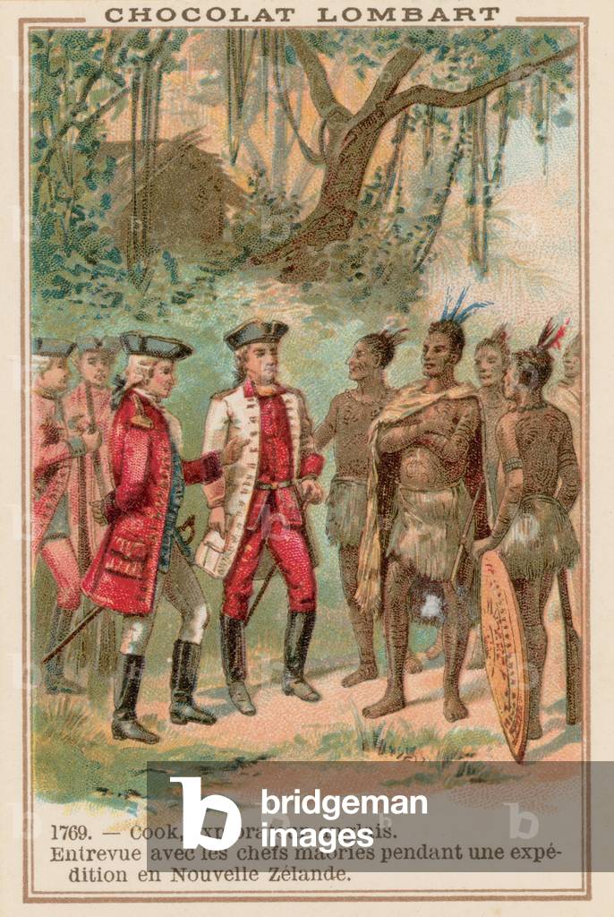 Captain James Cook meeting with Maori chiefs in New Zealand, 1769 (chromolitho)
