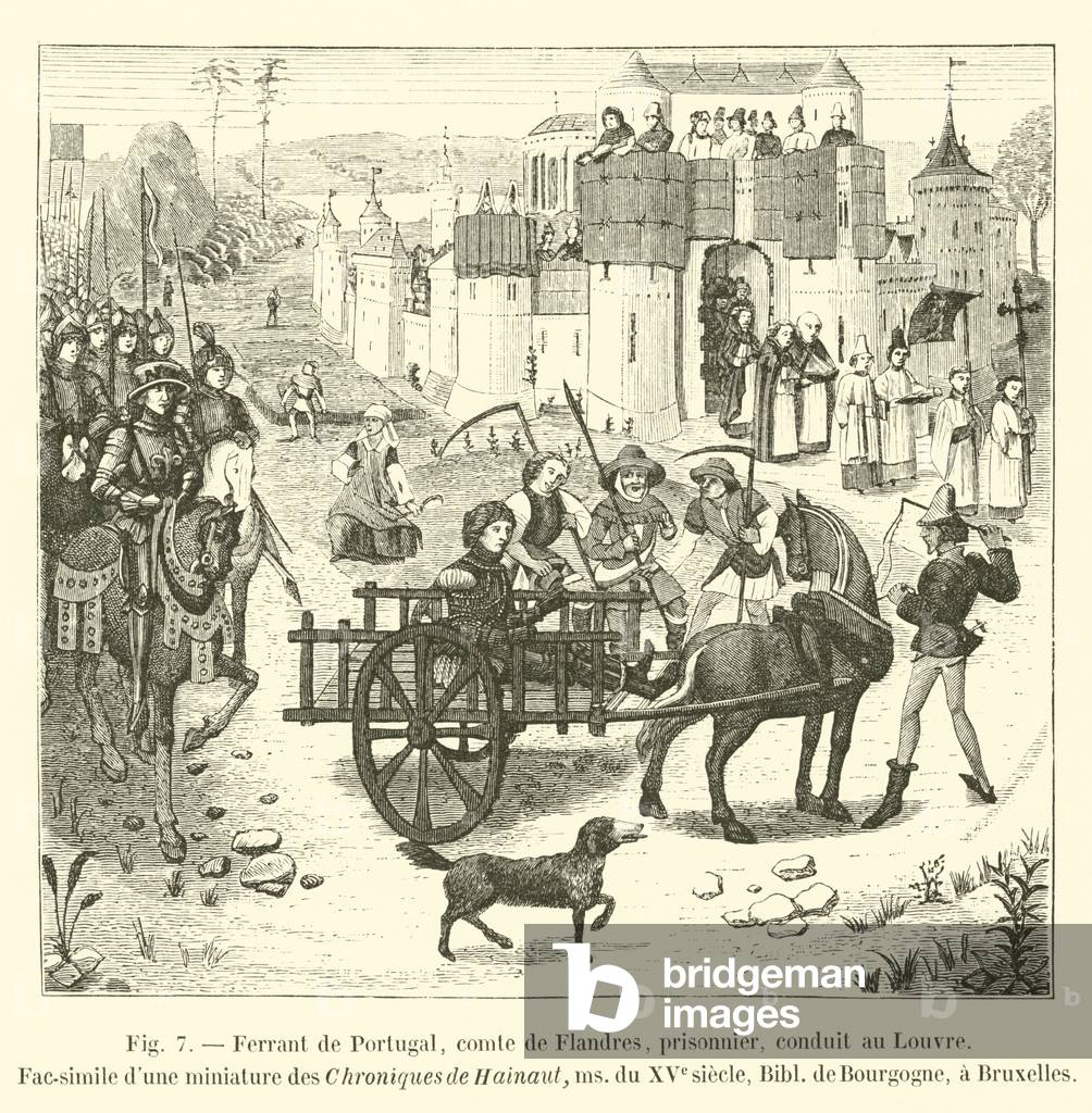 Ferrant de Portugal, comte de Flandres, prisonnier, conduit au Louvre, Fac-simile d'une miniature des Chroniques de Hainaut, ms du XVe siecle, Bibl de Bourgogne, a Bruxelles (engraving)