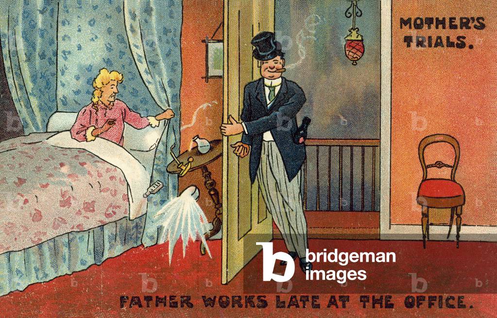 Father works late at the office (colour litho)