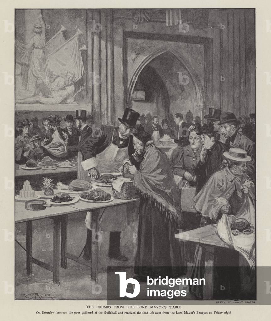 The poor receiving food left over after the Lord Mayor of London's banquet at the Guildhall (litho)