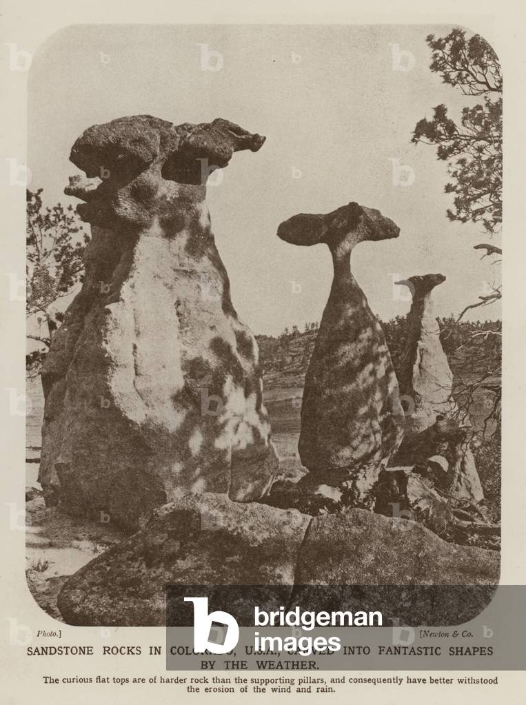 Sandstone rocks carved into fantastic shapes by wind and rain erosion, Colorado, USA (b/w photo)