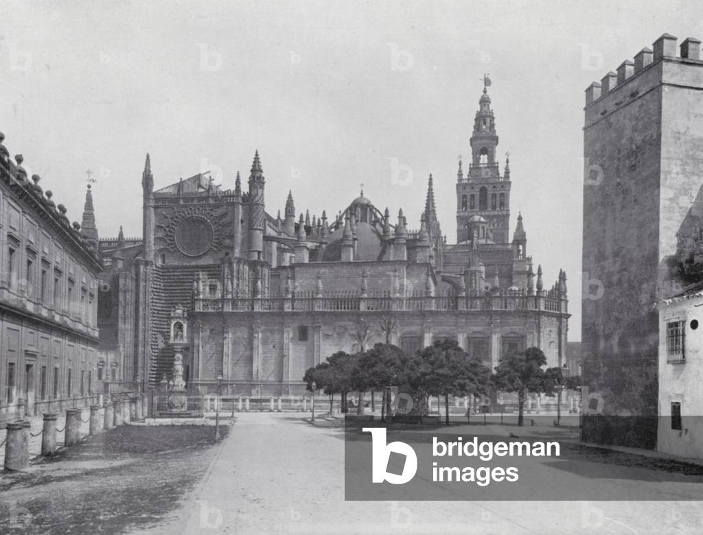 Cathedral, East End from the Plaza Del Triunfo, Selville (b/w photo)