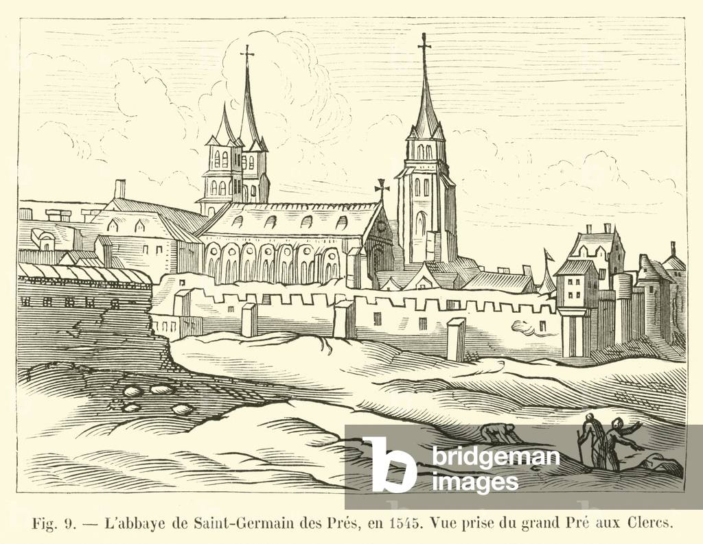L'abbaye de Saint-Germain des Pres, en 1545, Vue prise du grand Pre aux Clercs (engraving)