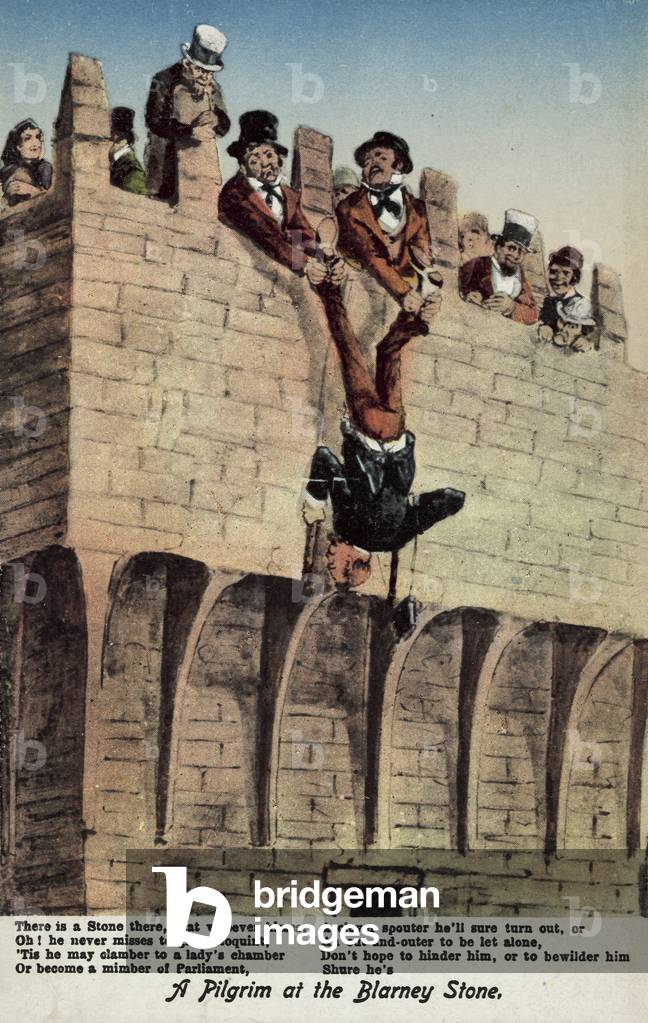 Kissing the Blarney Stone, Ireland (colour litho)