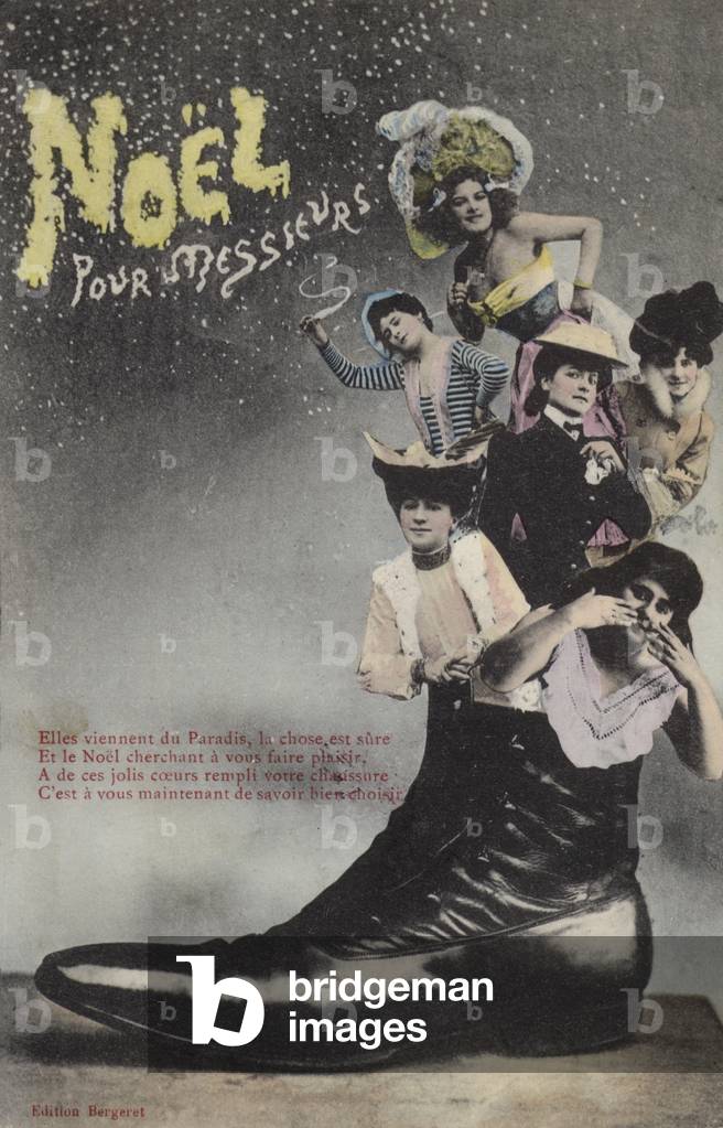 Christmas card with women in a shoe (colour photo)
