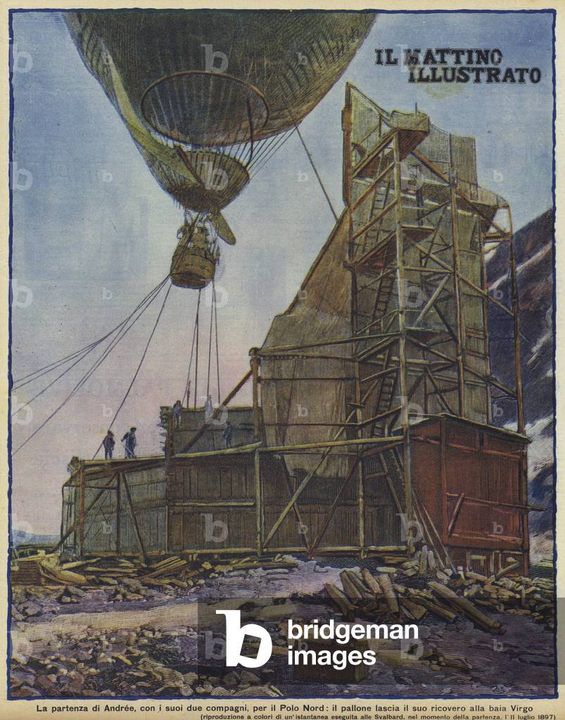 The balloon of Swedish explorer Salomon August Andree setting off from Svalbard on its flight to the North Pole, 11 July 1897 (coloured photo)