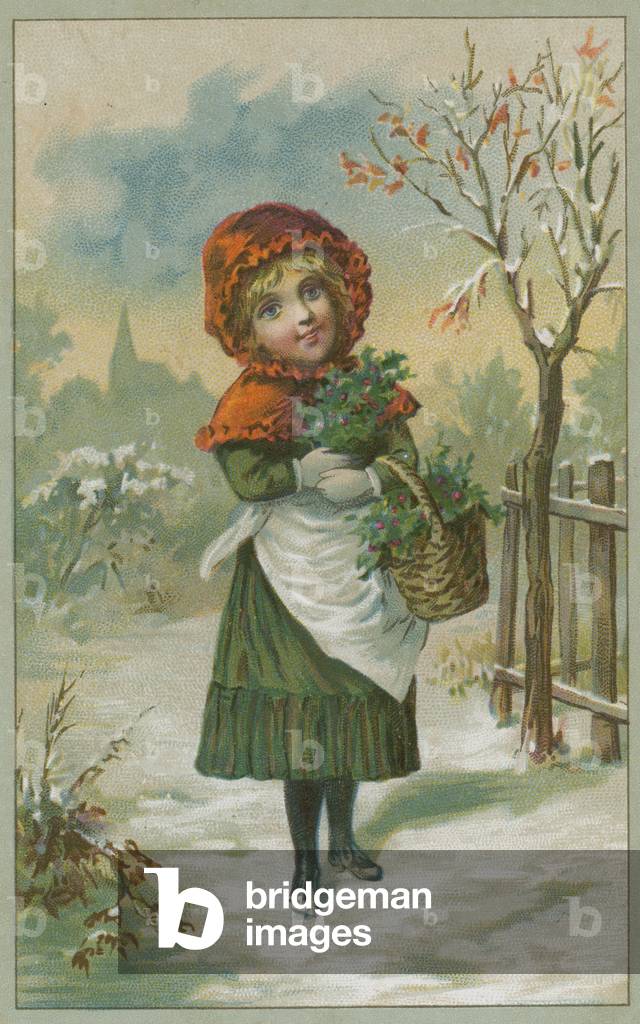 Christmas scene with girl gathering holly (chromolitho)
