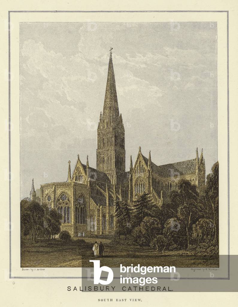 Salisbury Cathedral, south east view (colour litho)