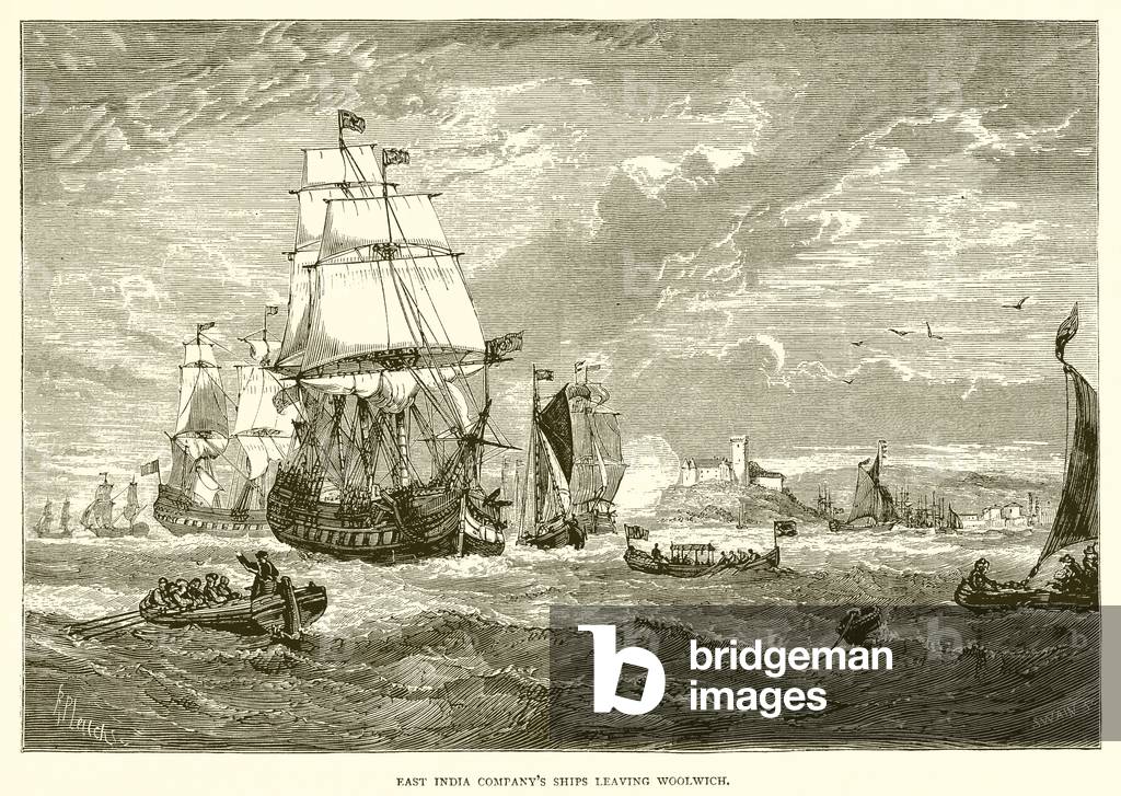 East India company's ships leaving Woolwich (1623) (engraving)