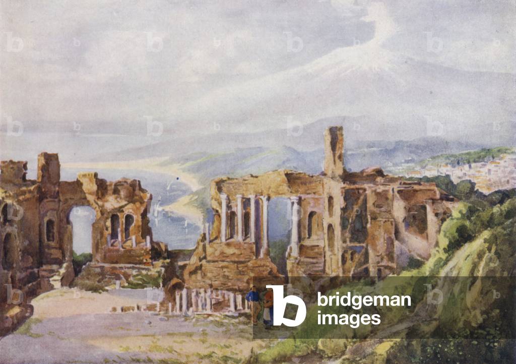 Taormina, from the Ruins of the Greek Theatre (colour litho)