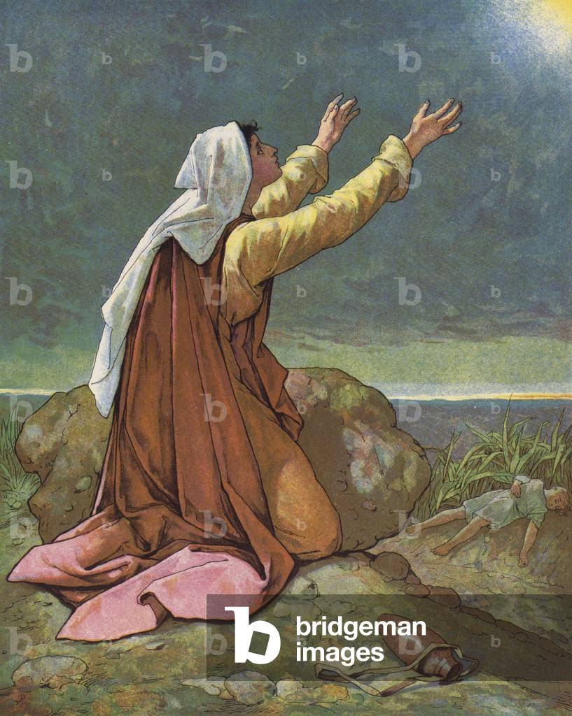 Hagar and Ishmael in the Desert (colour litho)