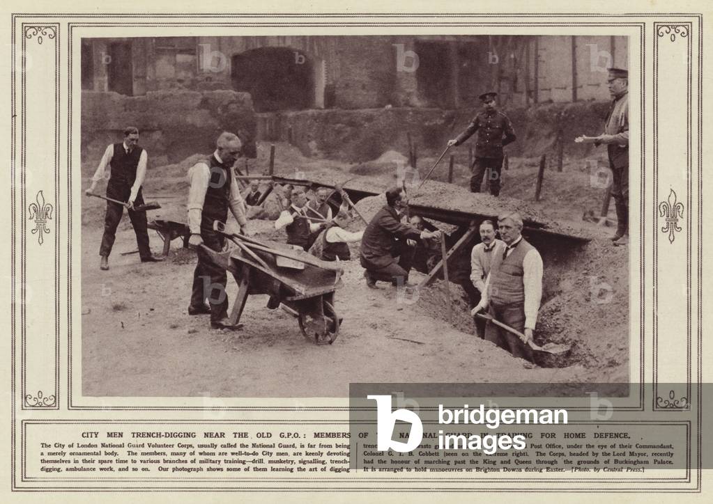City men trench-digging near the old General Post Office, members of the National Guard in training for home defence (b/w photo)