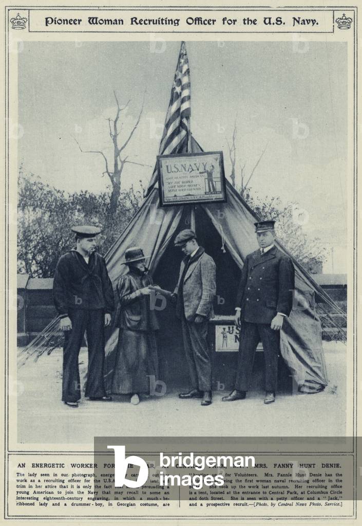 Pioneer woman recruiting officer for the US Navy, an energetic worker for the war, at Central Park, NY, Mrs Fanny Hunt Denie (b/w photo)