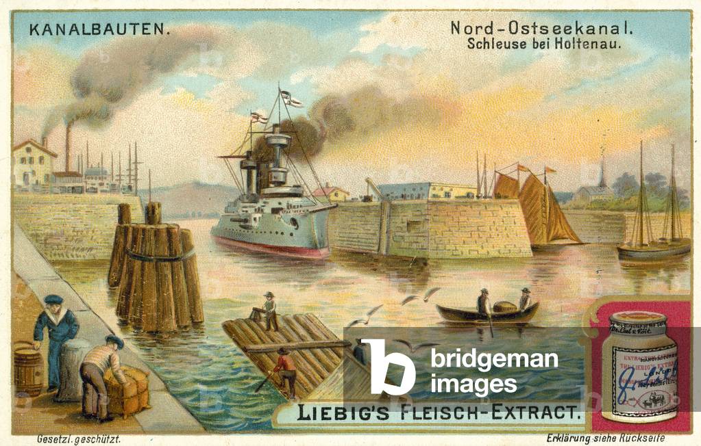 Lock on the Kiel Canal at Holtenau, Germany (chromolitho)