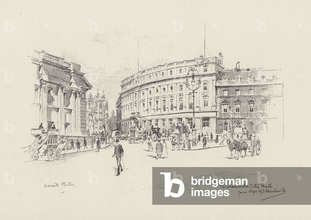 Westminster City Hall from steps of St Martin's Church (litho)