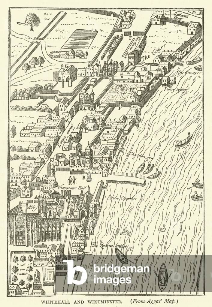 Whitehall and Westminster, from Aggas' map (engraving)