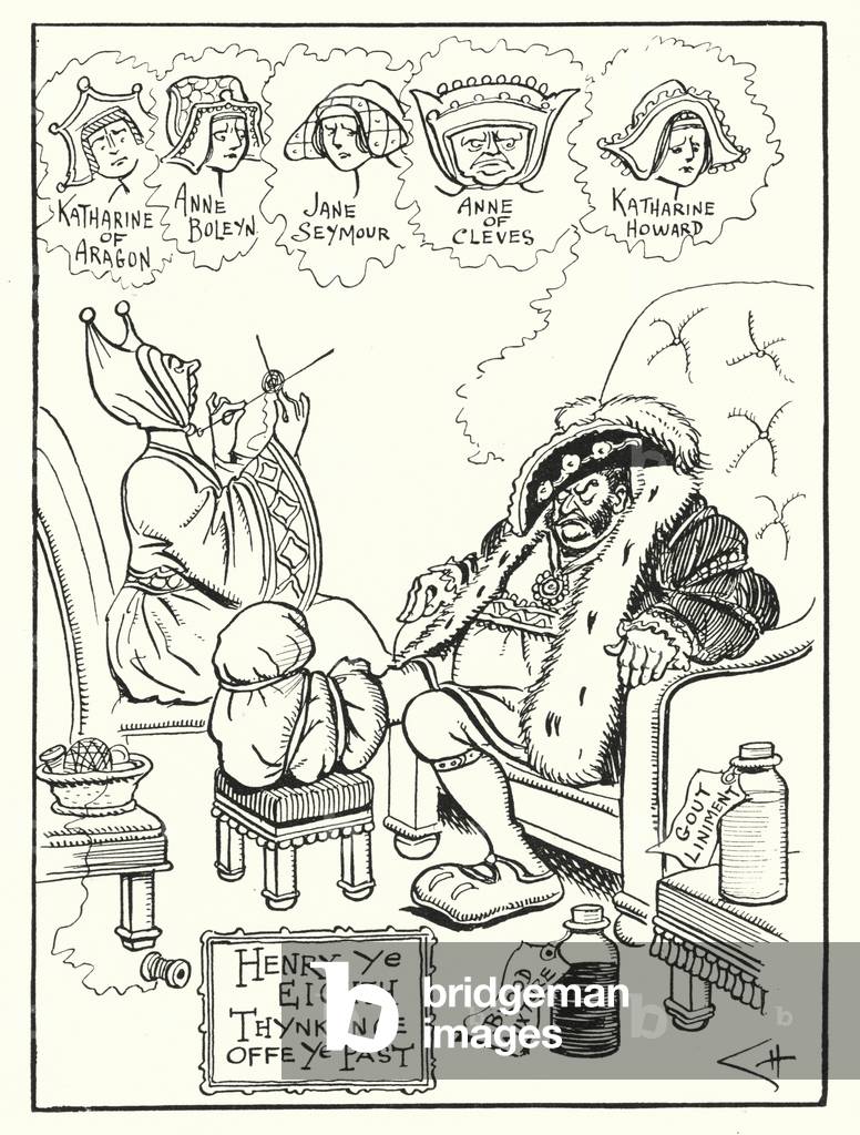 King Henry VIII thinking of his wives (litho)
