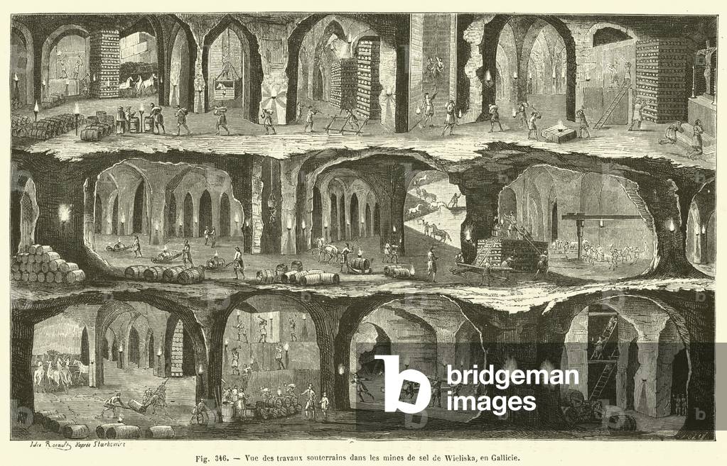 Vue des travaux souterrains dans les mines de sel de Wieliska, en Gallicie (engraving)