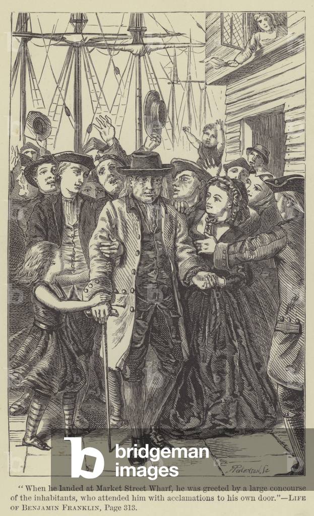When he landed at Market Street Wharf, he was greeted by a large concourse of the inhabitants  (engraving)