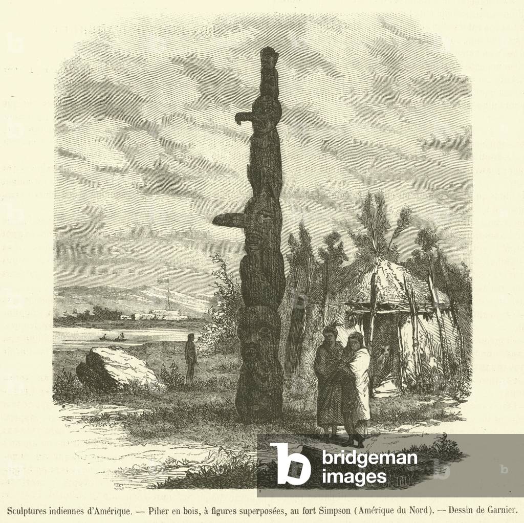 Sculptures indiennes d'Amerique, Piher en bois, a figures superposees, au fort Simpson, Amerique du Nord (engraving)