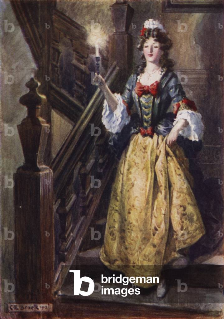 Mistress Beatrix tripping down the stairs at Walcote House to greet Esmond (colour litho)