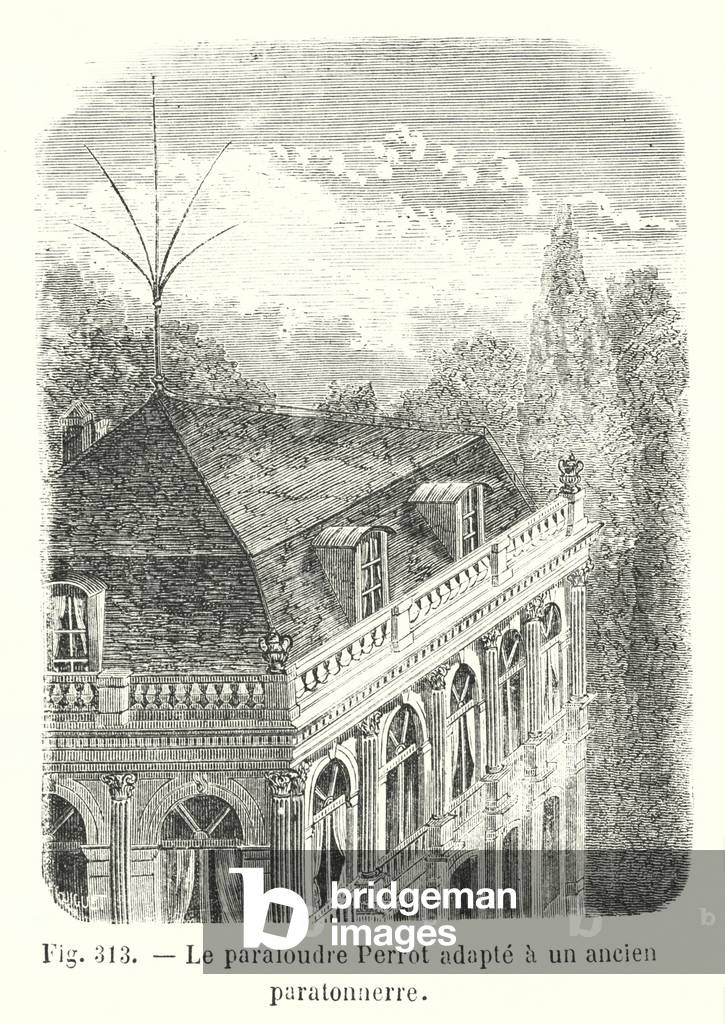 Le parafoudre Perrot adapte a un ancien paratonnerre (engraving)