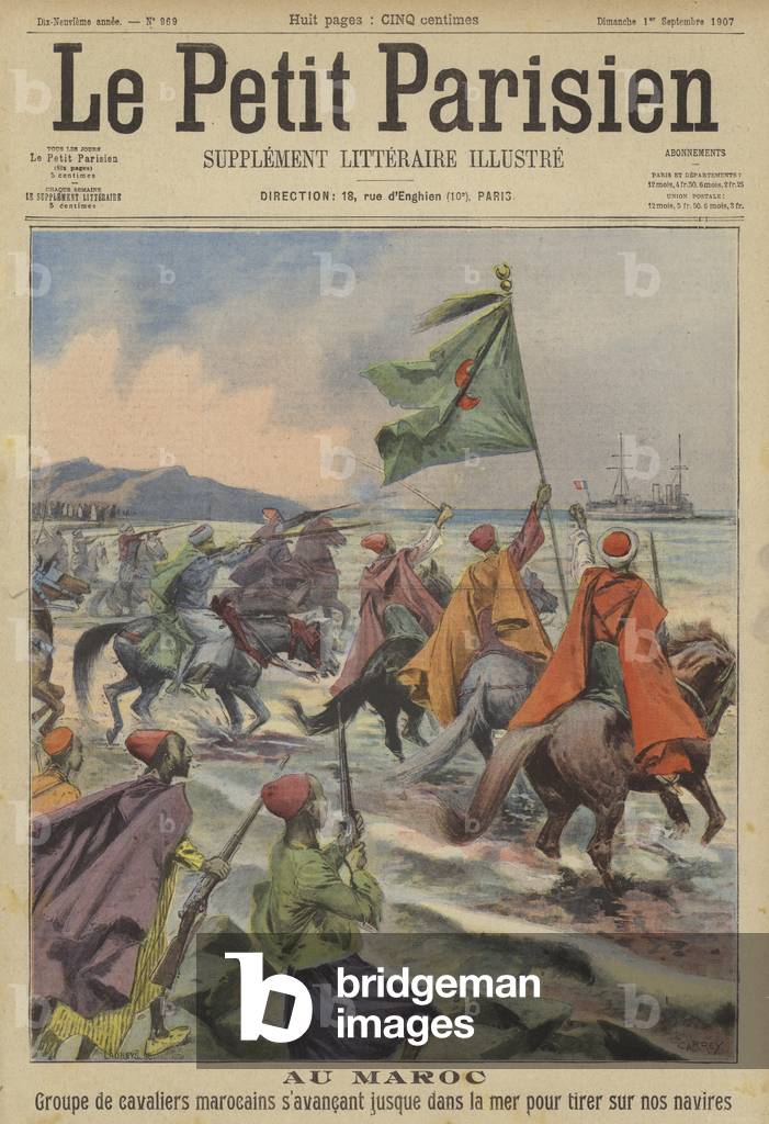 Moroccan horsemen riding into the sea to shoot at French warships (colour litho)