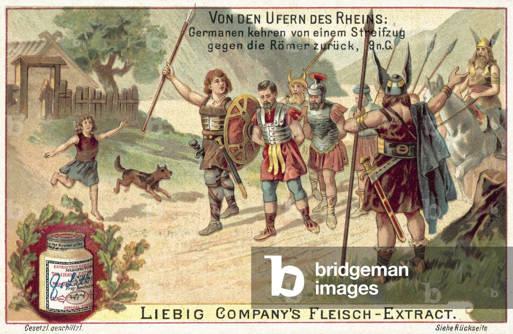 Germanic warriors returning from a raid against the Romans, 9 AD (chromolitho)