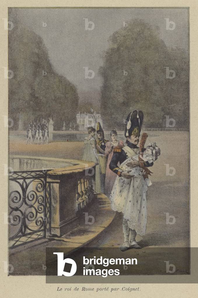 Captain Jean-Roch Coignet of the French Imperial Guard carrying Napoleon's son, the King of Rome (colour litho)