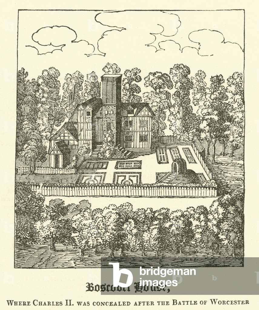 Boscobel House, where Charles II was concealed after the Battle of Worcester (engraving)