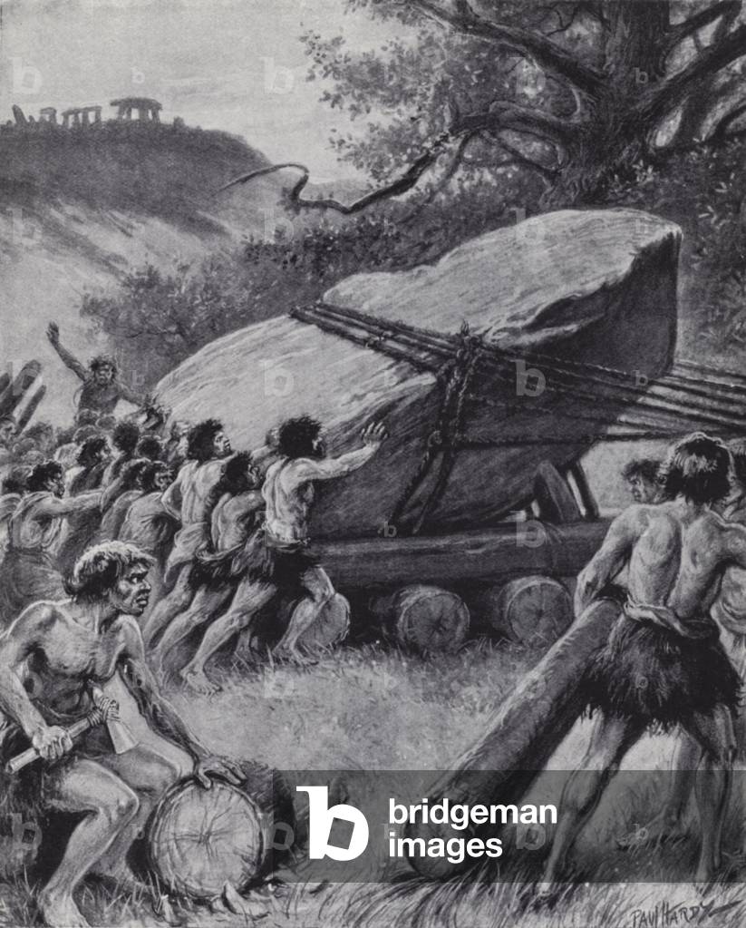 Paleolithic men moving a giant slab of rock on wheels (litho)