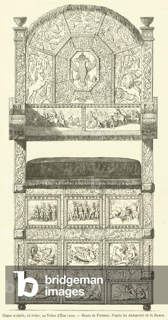 Chaise sculptee, en ivoire, au Tresor d'Etat russe (engraving)