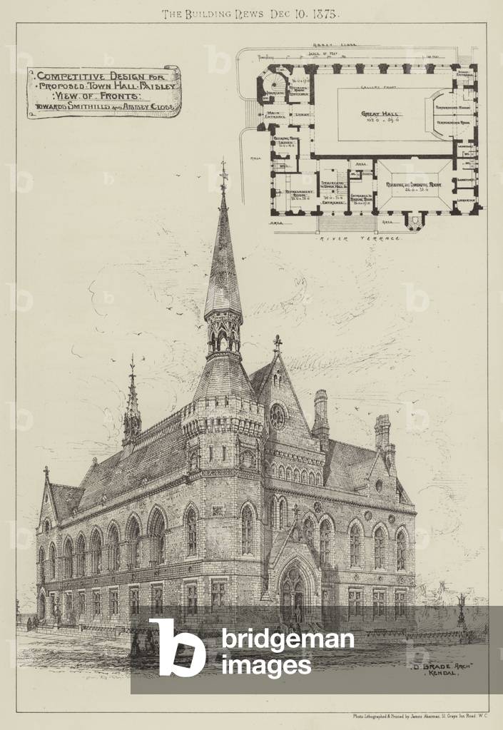 Competitive Design for Proposed Town Hall, Paisley, View of Fronts (engraving)
