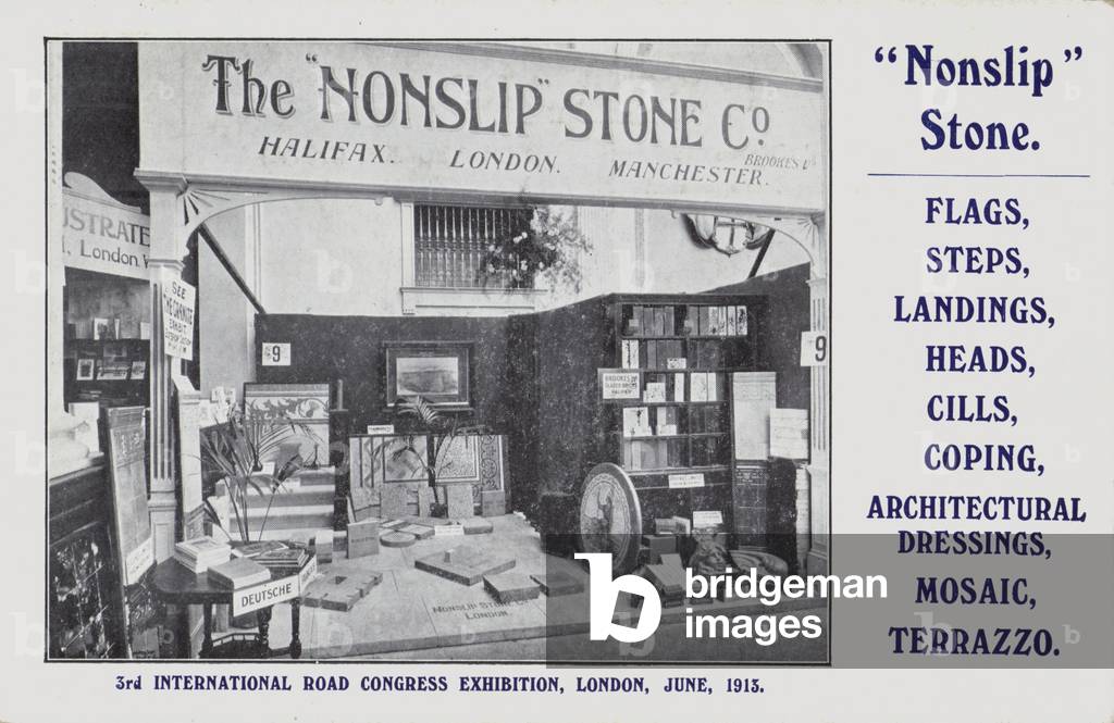 Trade card for the Nonslip Stone Company, 3rd International Road Congress Exhibition, London, June 1913 (colour litho)