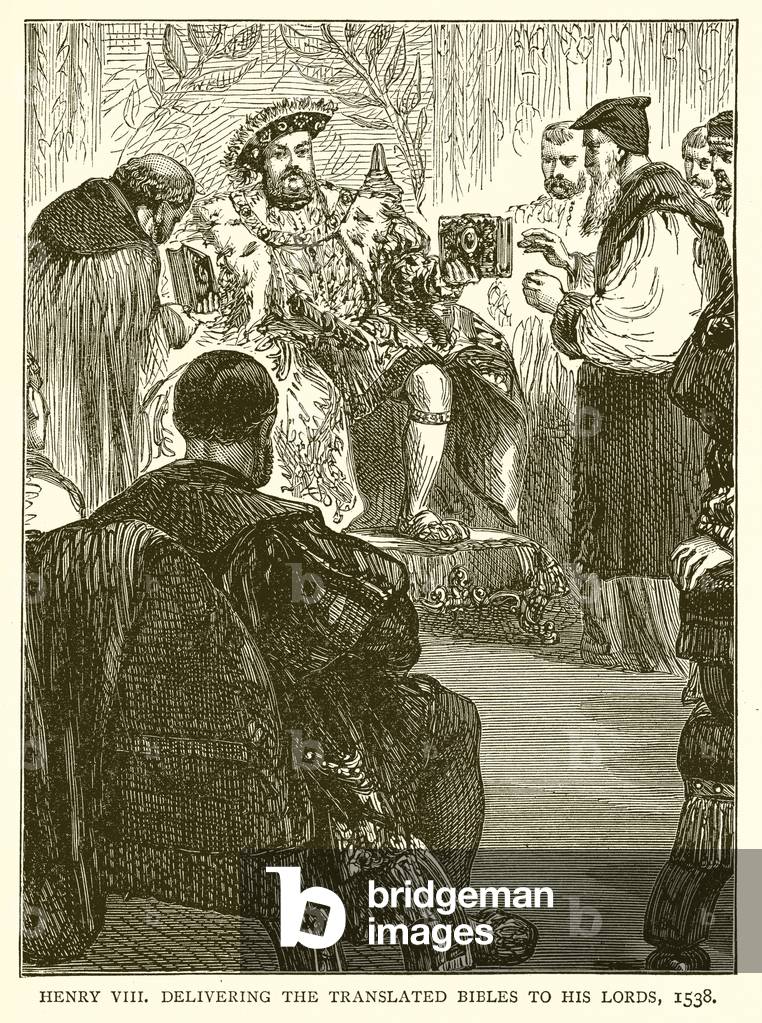 Henry VIII delivering the Translated Bibles to his Lords, 1538 (engraving)