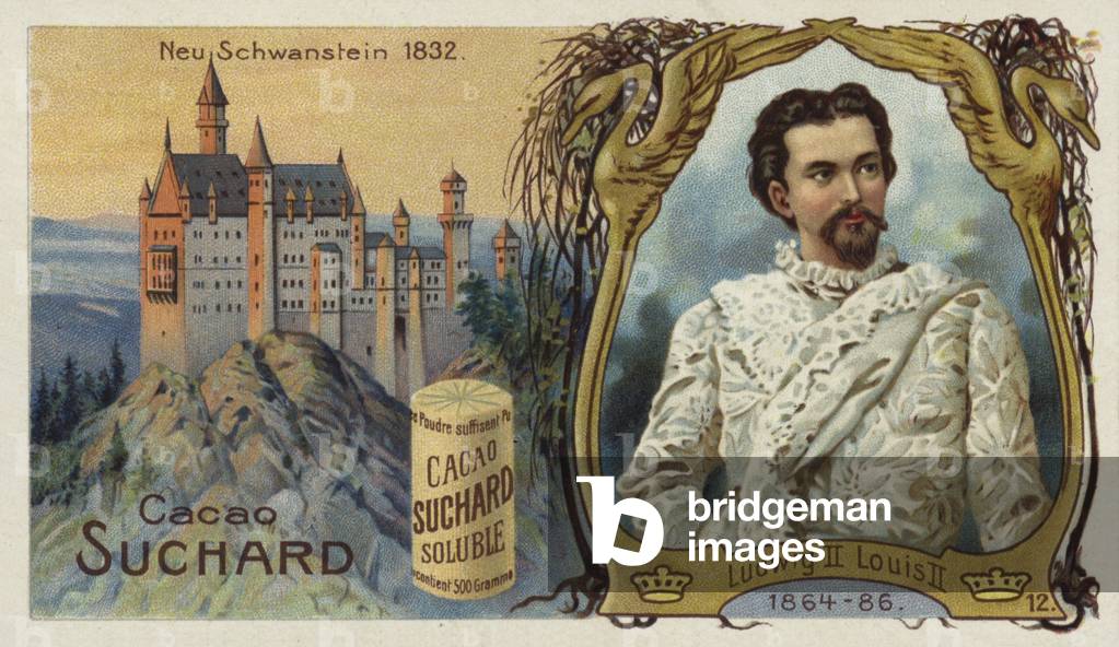 King Ludwig II of Bavaria, and Neuschwanstein Castle (chromolitho)