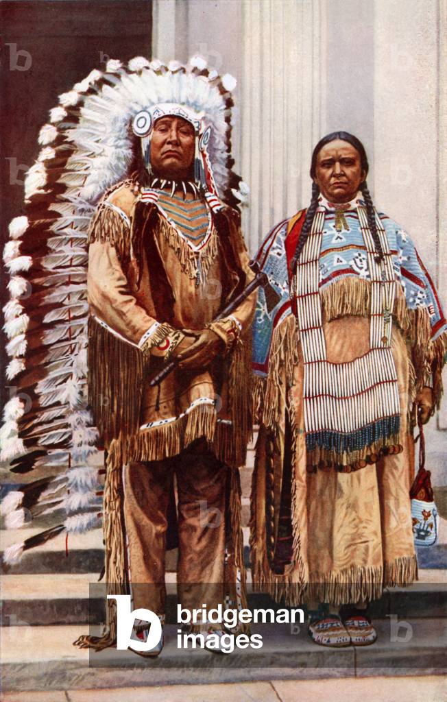 Sioux chief and his wife, c.1925 (colour photo)