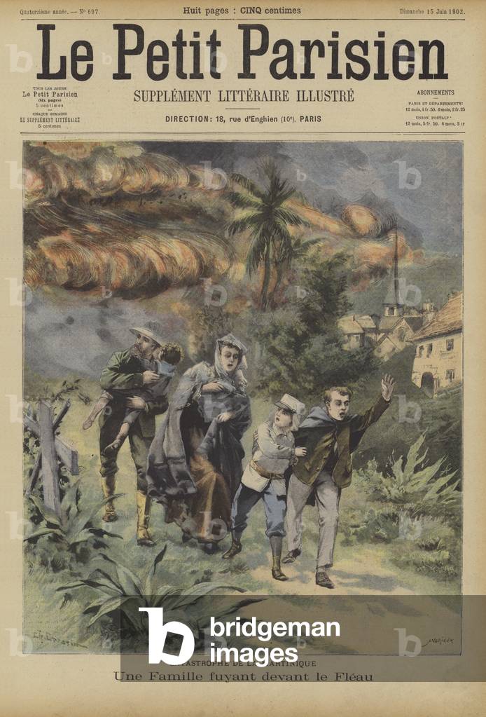 A family fleeing the eruption of Mont Pelee on the island of Martinique (colour litho)