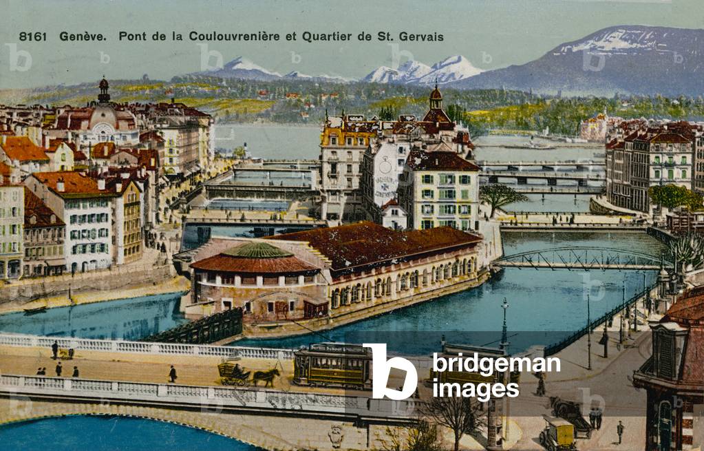 Geneva - Coulouvreniere bridge and St. Gervais district.  Postcard sent in 1913.