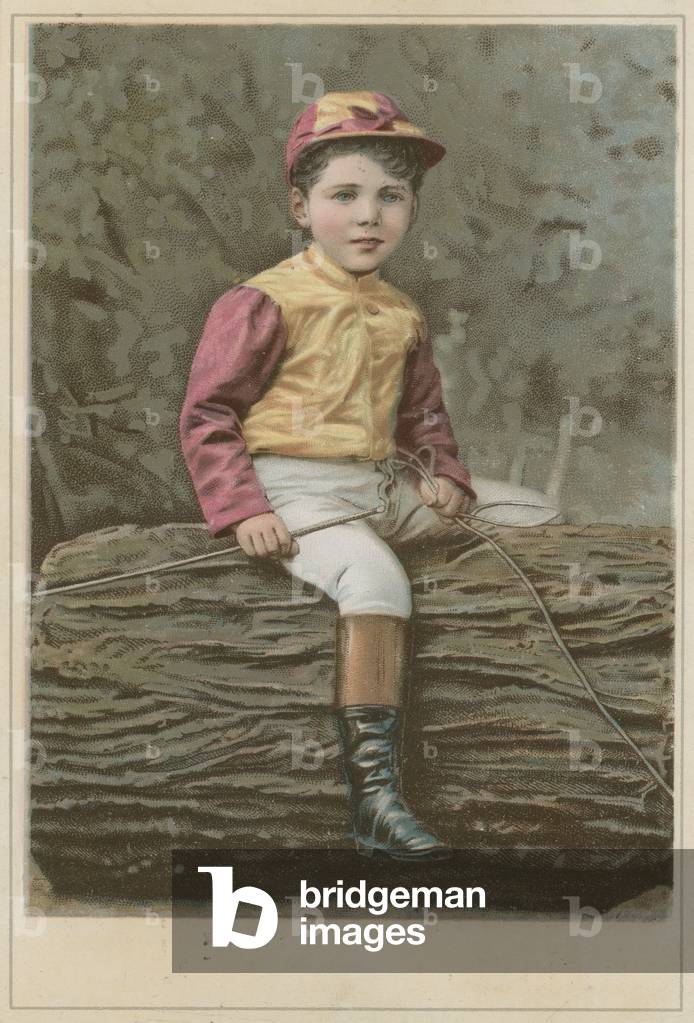 Little boy in jockey clothing sitting on a log (chromolitho)